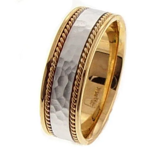 14K Rose or Yellow with White Gold Hammer Finish Center With Hand Braided Ropes Ring