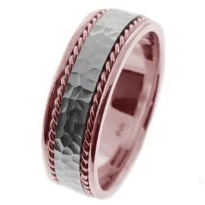 14K Rose or Yellow with White Gold Hammer Finish Center With Hand Braided Ropes Ring