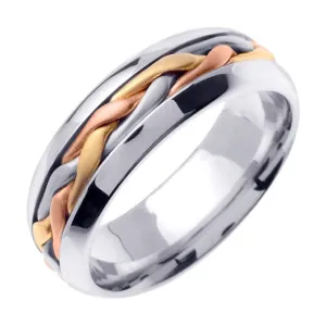 14K White/Tricolor or Yellow/Tricolor Hand Braided Cord Ring Band