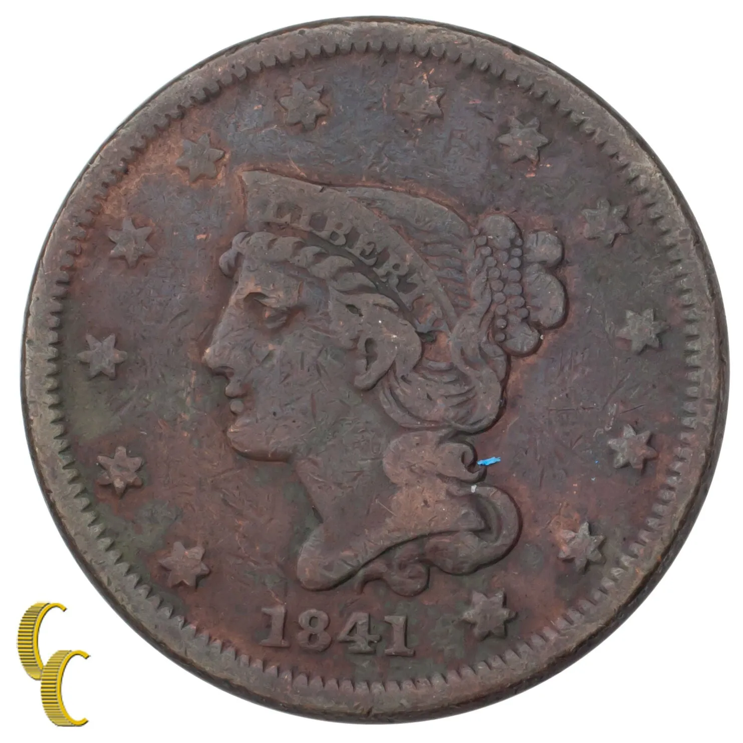 1841 Braided Hair Large Cent 1C Penny (Fine , F  Condition)