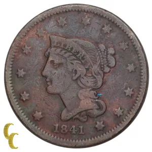 1841 Braided Hair Large Cent 1C Penny (Fine , F  Condition)