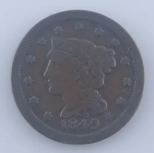 1849 Large Cent 1C, Fine Condition, Brown Color, Strong Detail for Grade