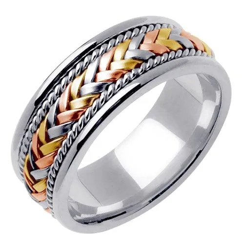 18k White/Tri-color or Rose/Tri-color Hand Braided Ring Band
