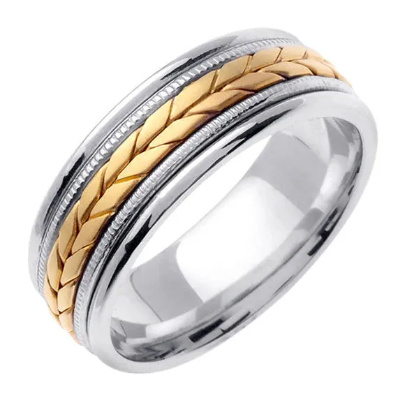 18K White/Yellow or White/Tricolor Hand Braided Wheat Pattern Design Ring Band