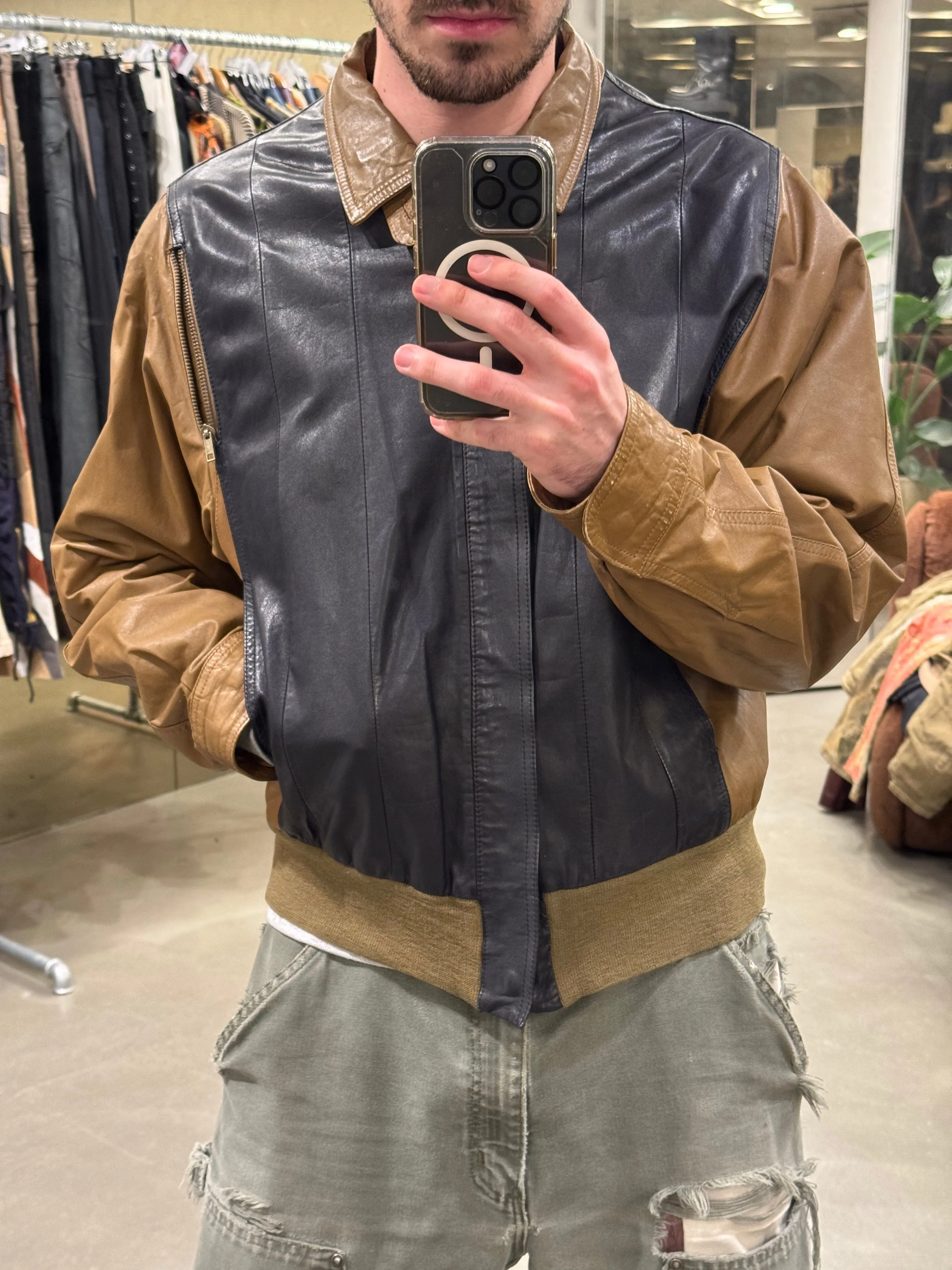 1980s Giorgio Armani colorblock leather bomber jacket