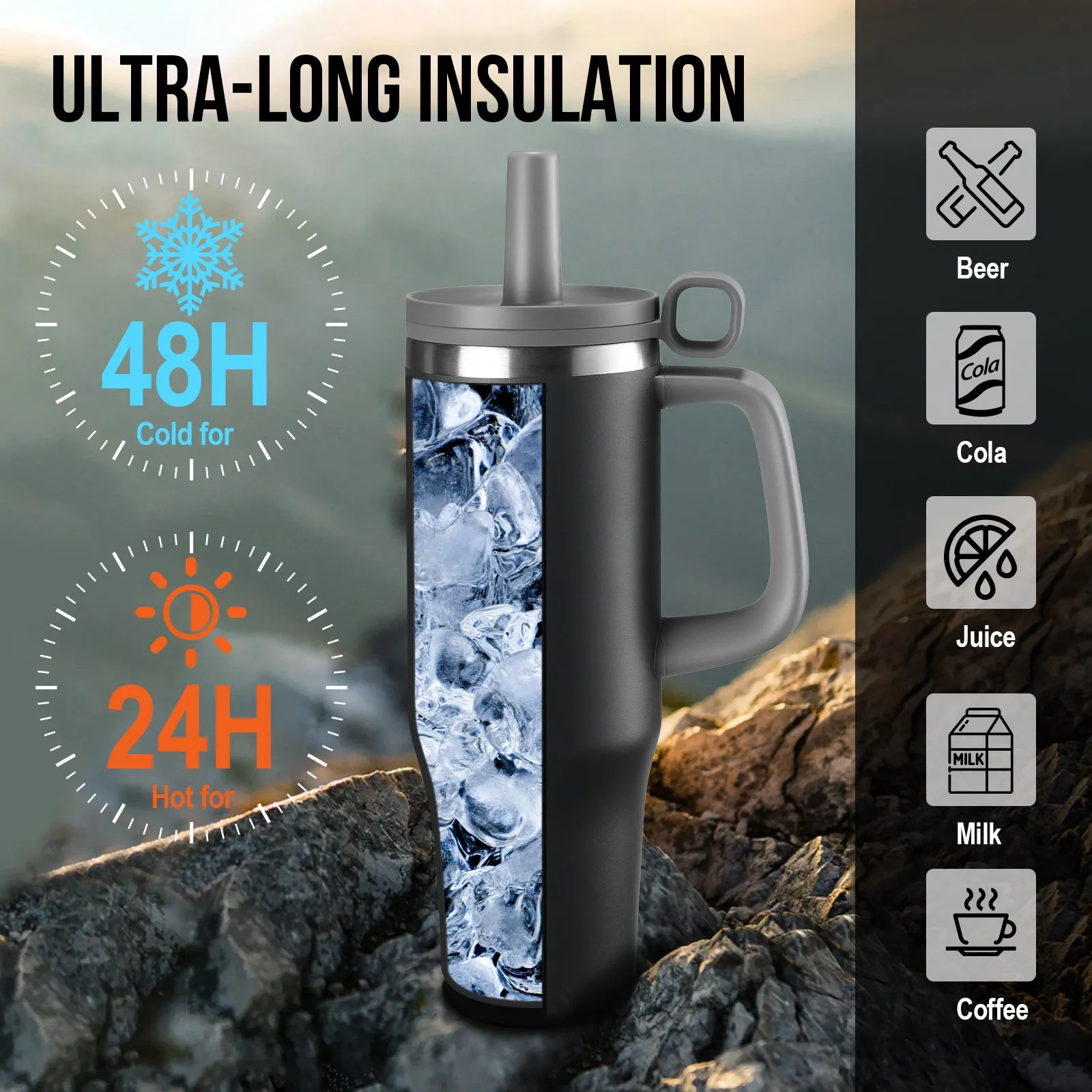 1TG Tactical 40 Oz Tumbler with Straw and Lids - Tactical Water Bottle with Handle