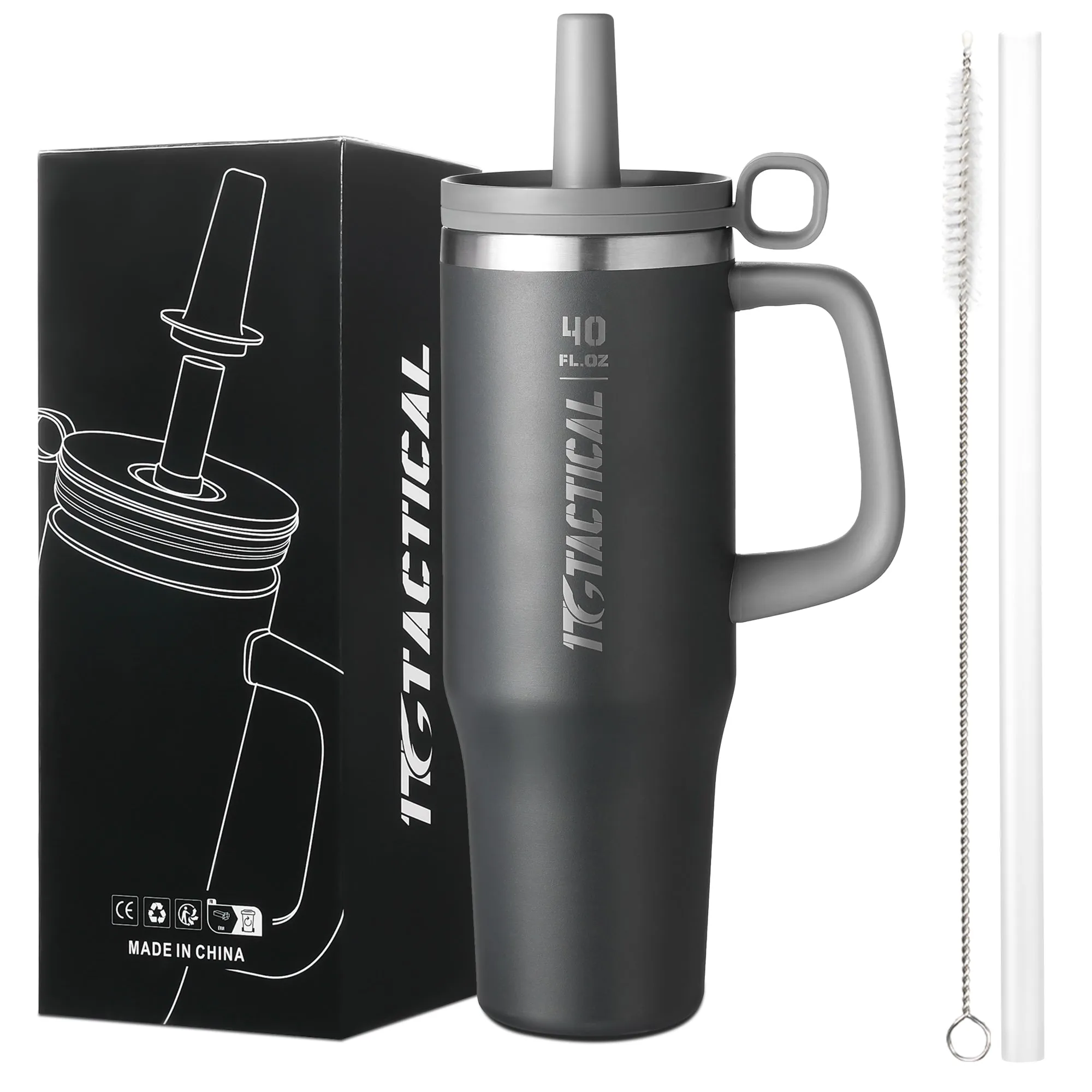 1TG Tactical 40 Oz Tumbler with Straw and Lids - Tactical Water Bottle with Handle