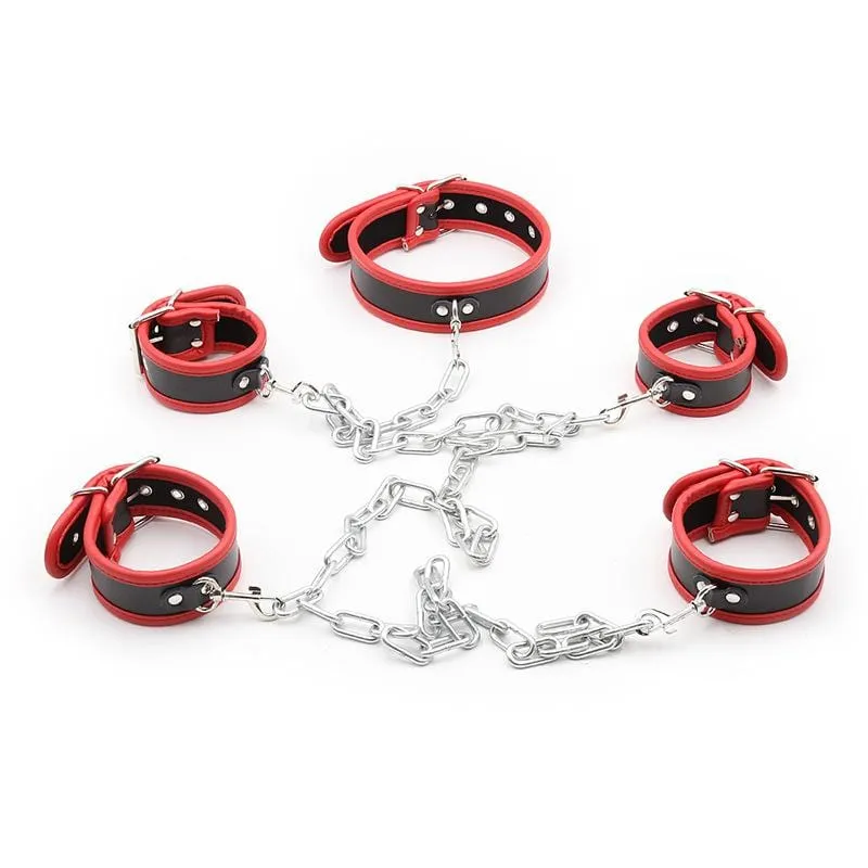 2415MQ      Red Trimmed Black 6 Pc. Cuffs, Collar and Chains Bondage Slave Starter Set