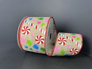 2.5" Printed Linen Christmas Candy Stripes Ribbon: Natural (10 Yards) 71430-40-12