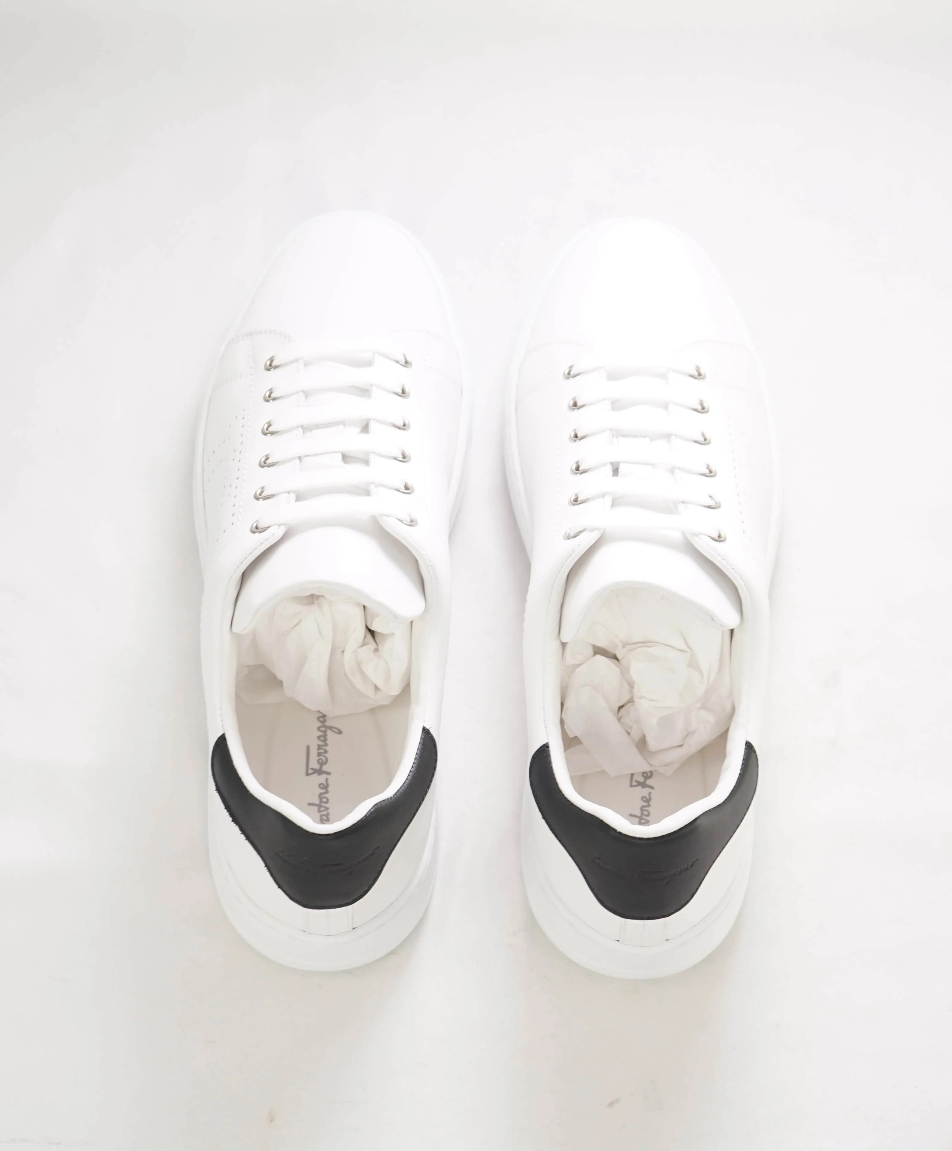 $695 SALVATORE FERRAGAMO - *PIERRE* White/Black Gancini Sneaker - 10 M US