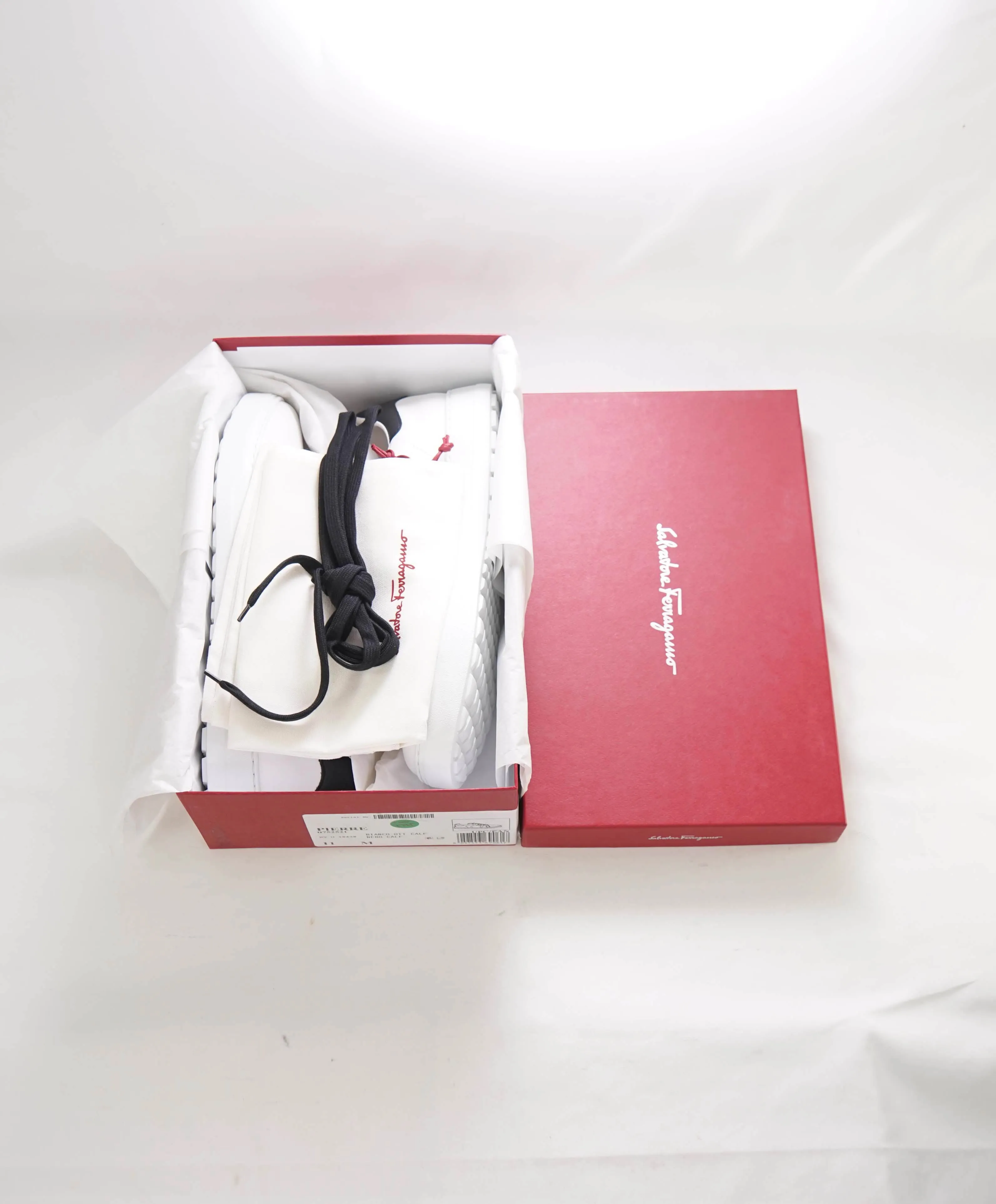 $695 SALVATORE FERRAGAMO - *PIERRE* White/Black Gancini Sneaker - 10 M US