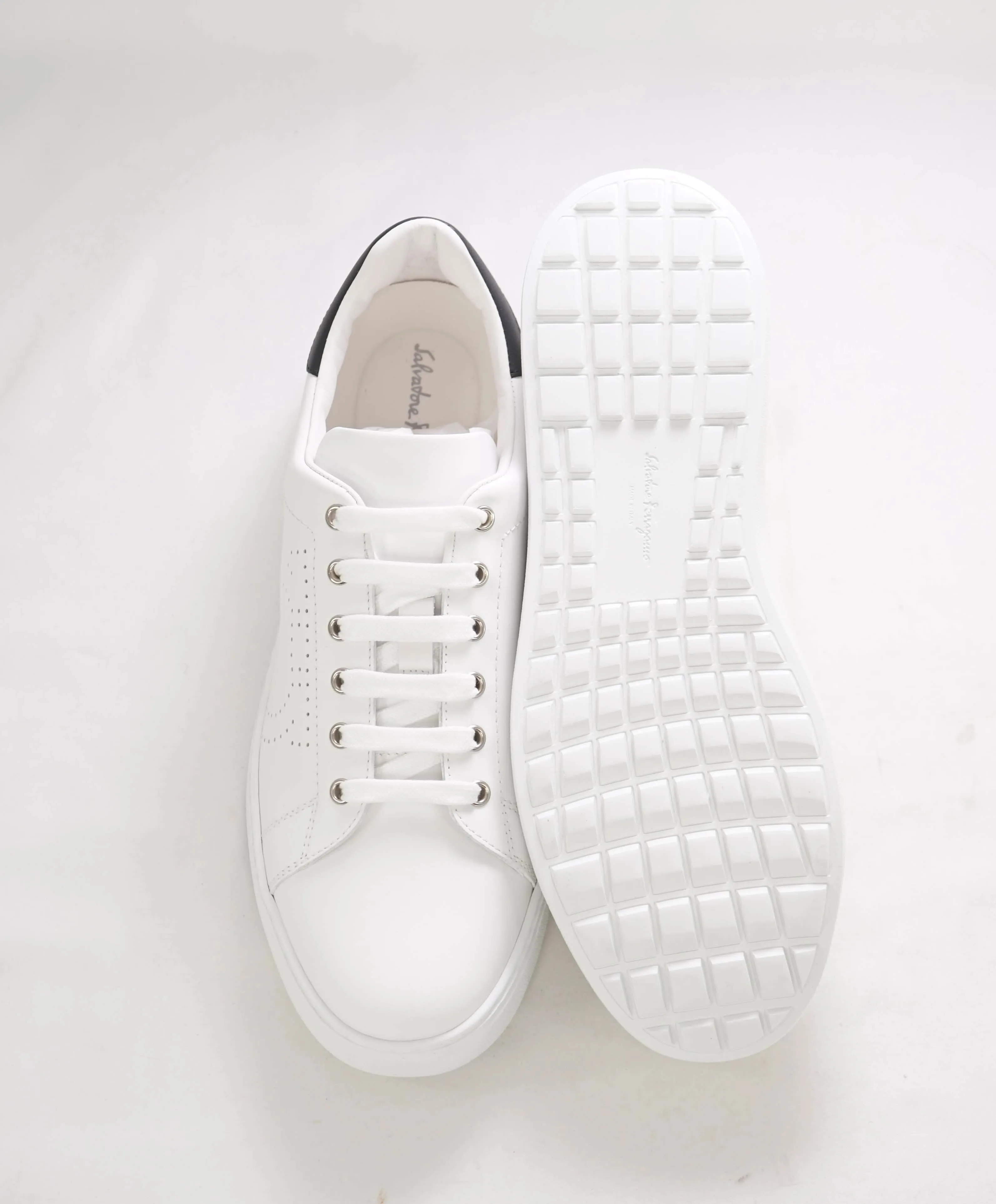 $695 SALVATORE FERRAGAMO - *PIERRE* White/Black Gancini Sneaker - 10 M US
