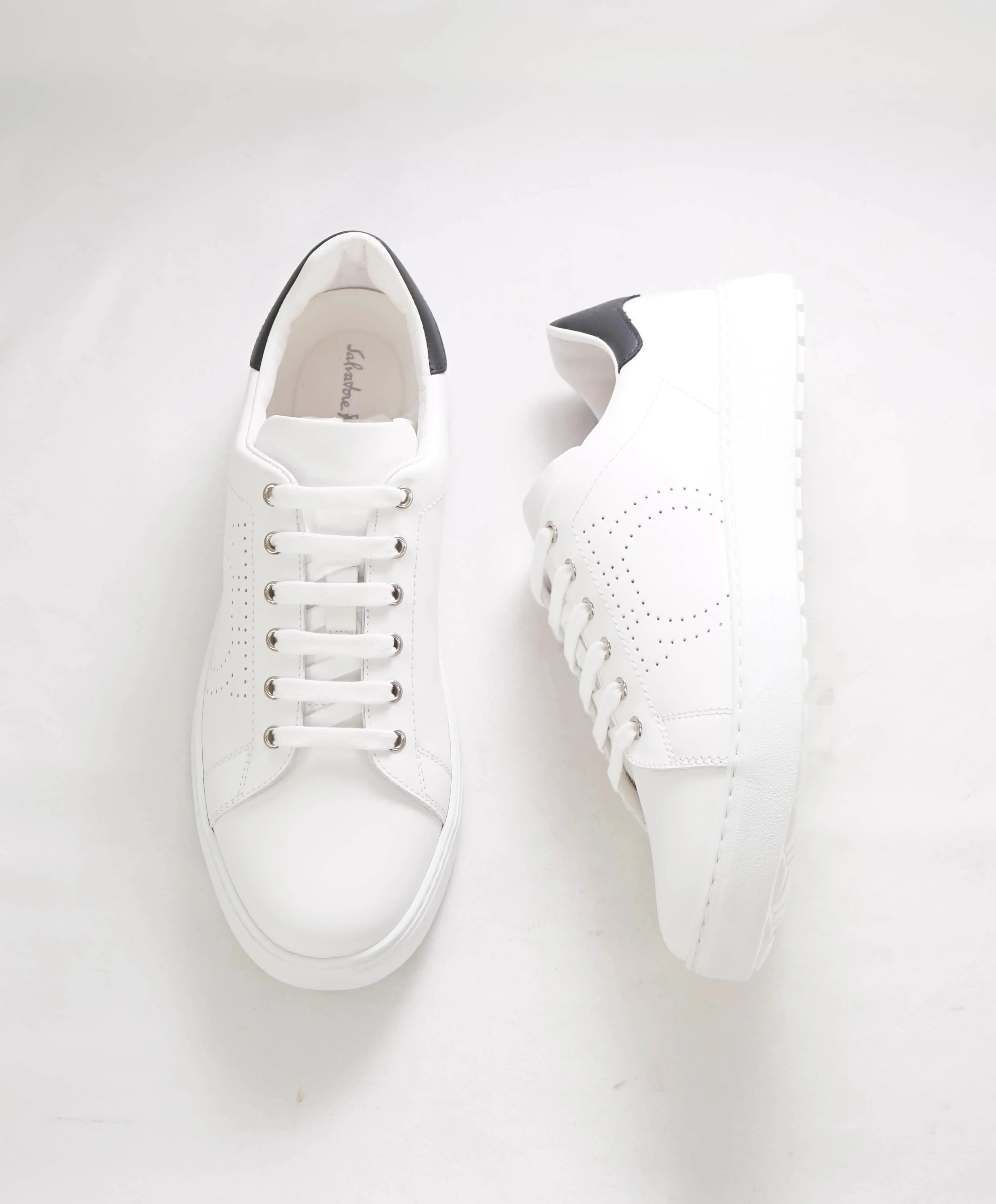 $695 SALVATORE FERRAGAMO - *PIERRE* White/Black Gancini Sneaker - 10 M US