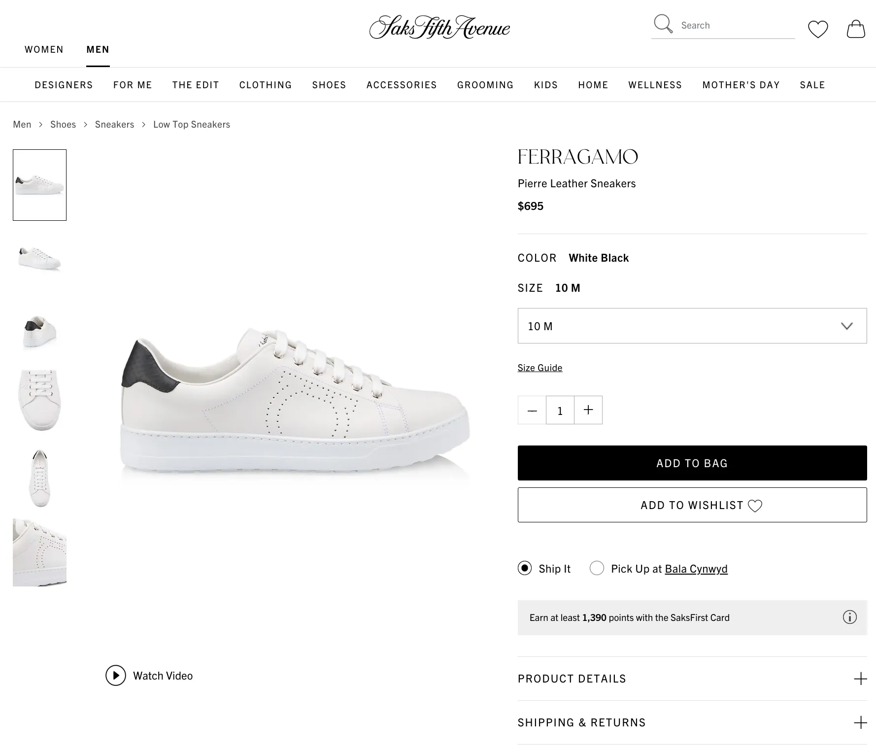 $695 SALVATORE FERRAGAMO - *PIERRE* White/Black Gancini Sneaker - 10 M US