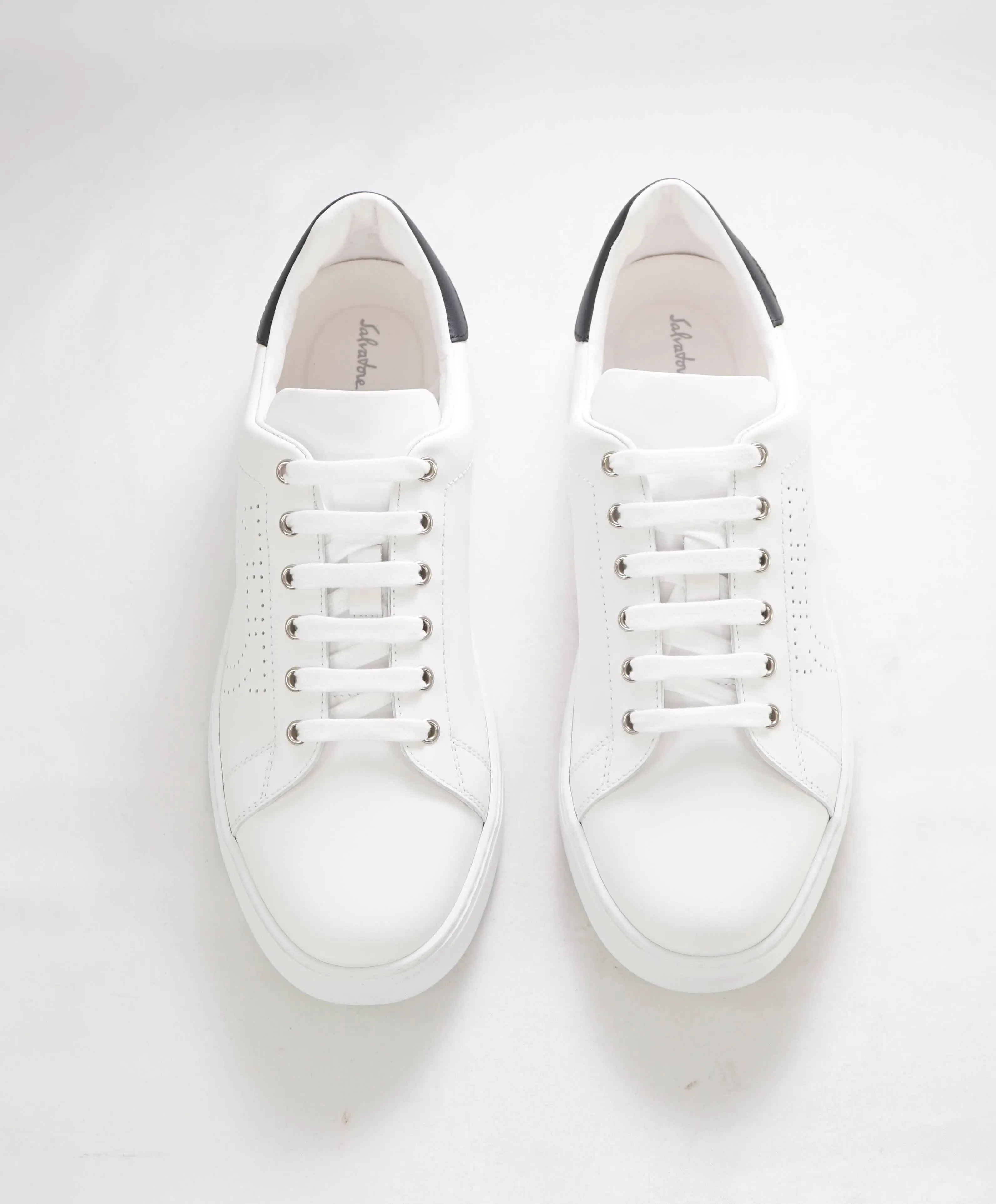 $695 SALVATORE FERRAGAMO - *PIERRE* White/Black Gancini Sneaker - 10 M US