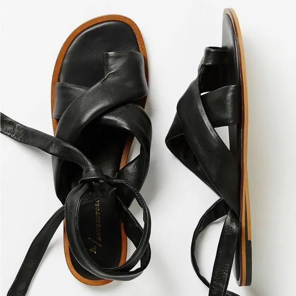Anthropologie Black Leather Coralie Ankle-Tie Sandals