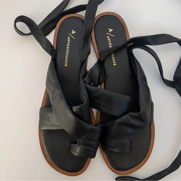 Anthropologie Black Leather Coralie Ankle-Tie Sandals