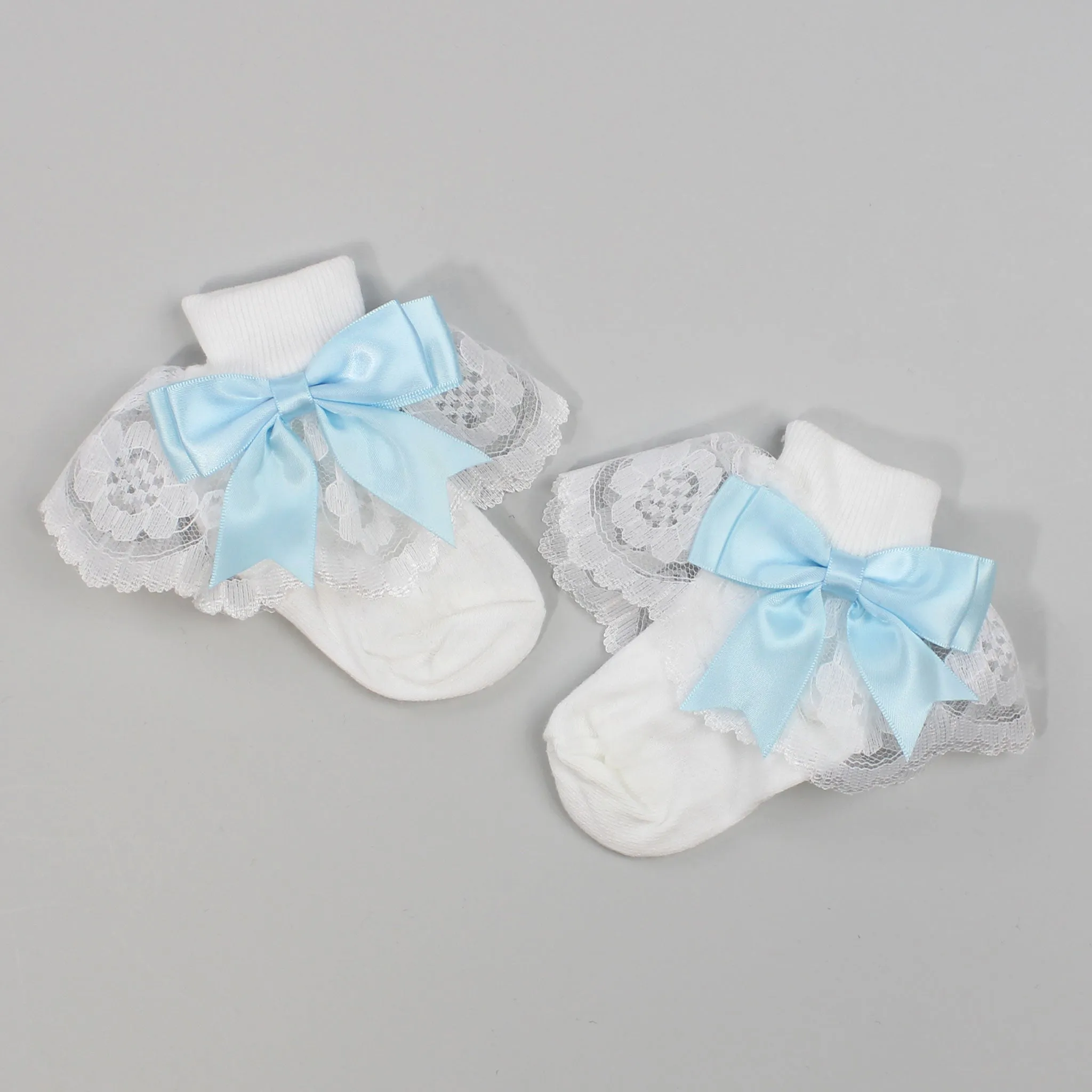 Baby Girls White Ankle Socks With Blue Satin Bow