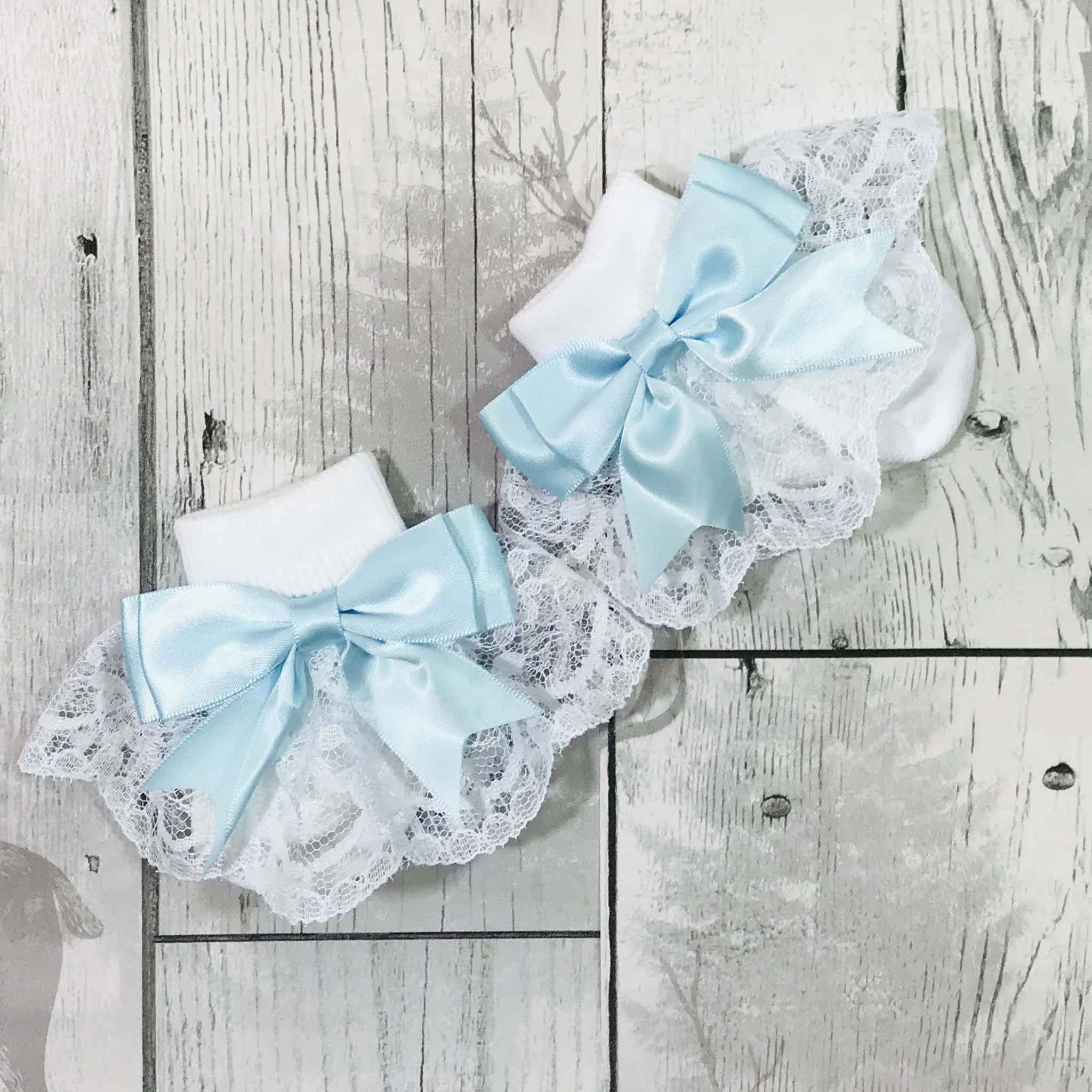 Baby Girls White Ankle Socks With Blue Satin Bow