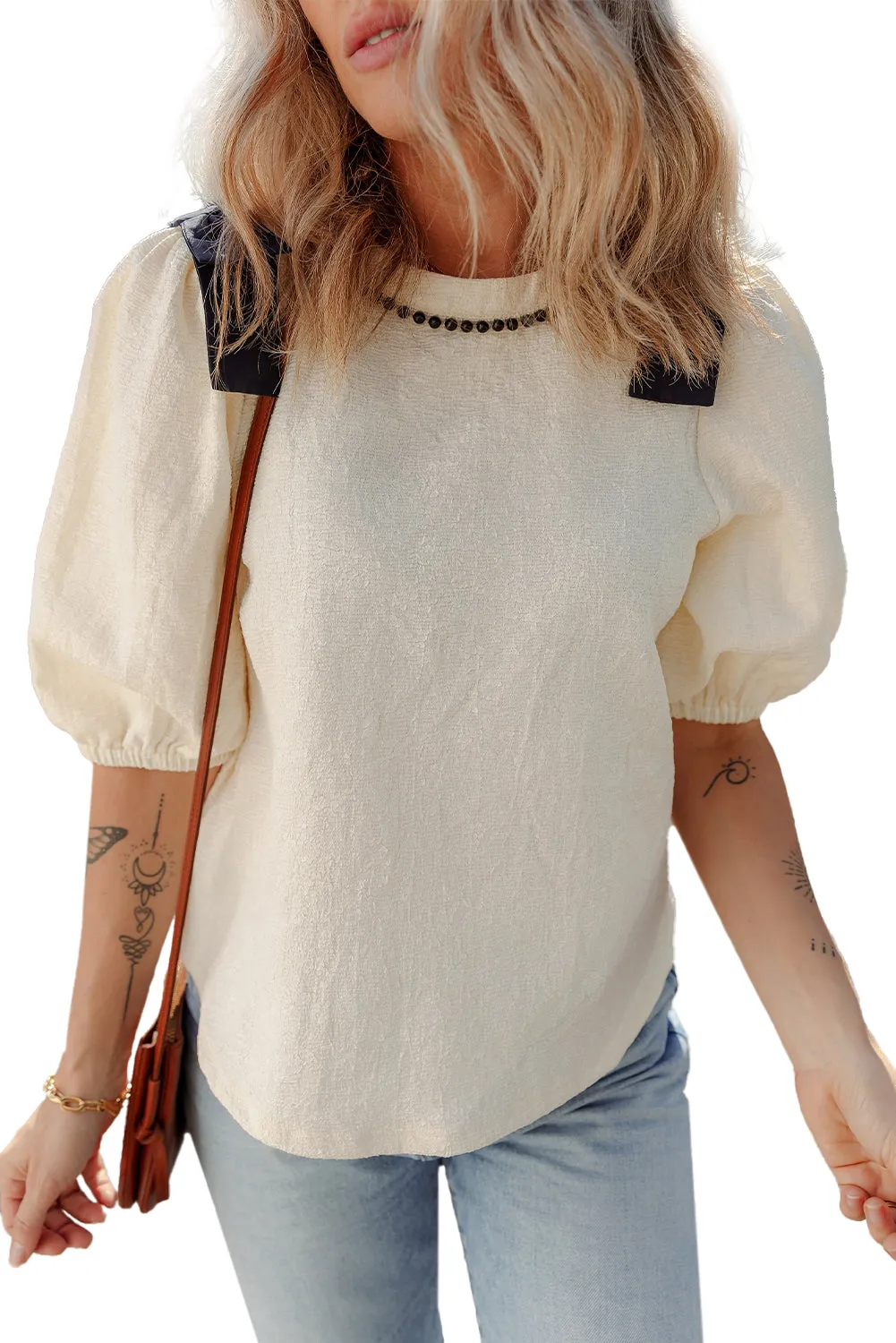 Beige Beaded Crewneck Colorblock Bow Shoulder Puff Sleeve Blouse