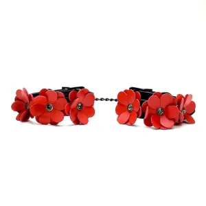 Black and Red Leather Flowers Ankle Cuffs
