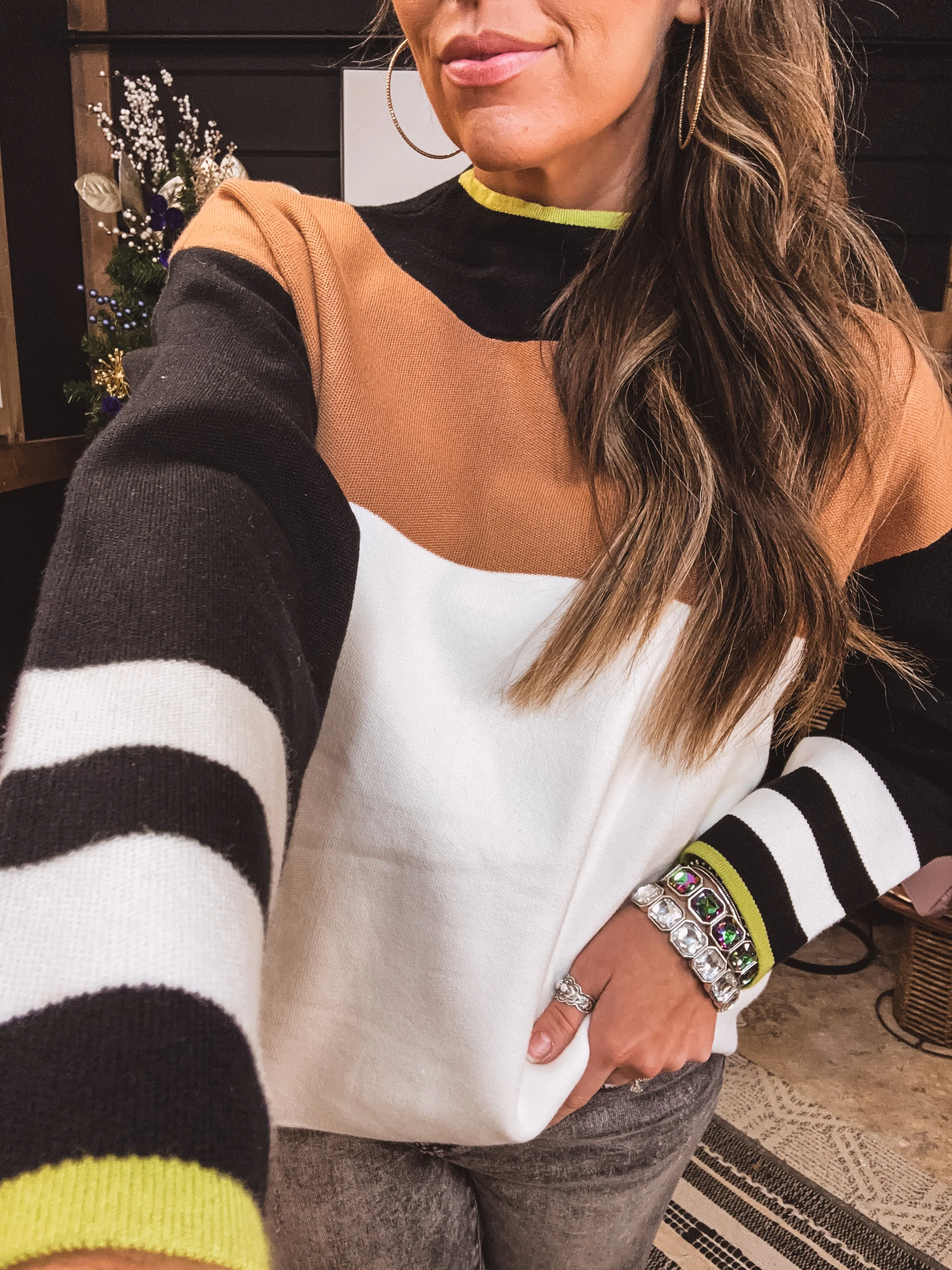 Black Colorblock Stripe Sleeve Sweater Top