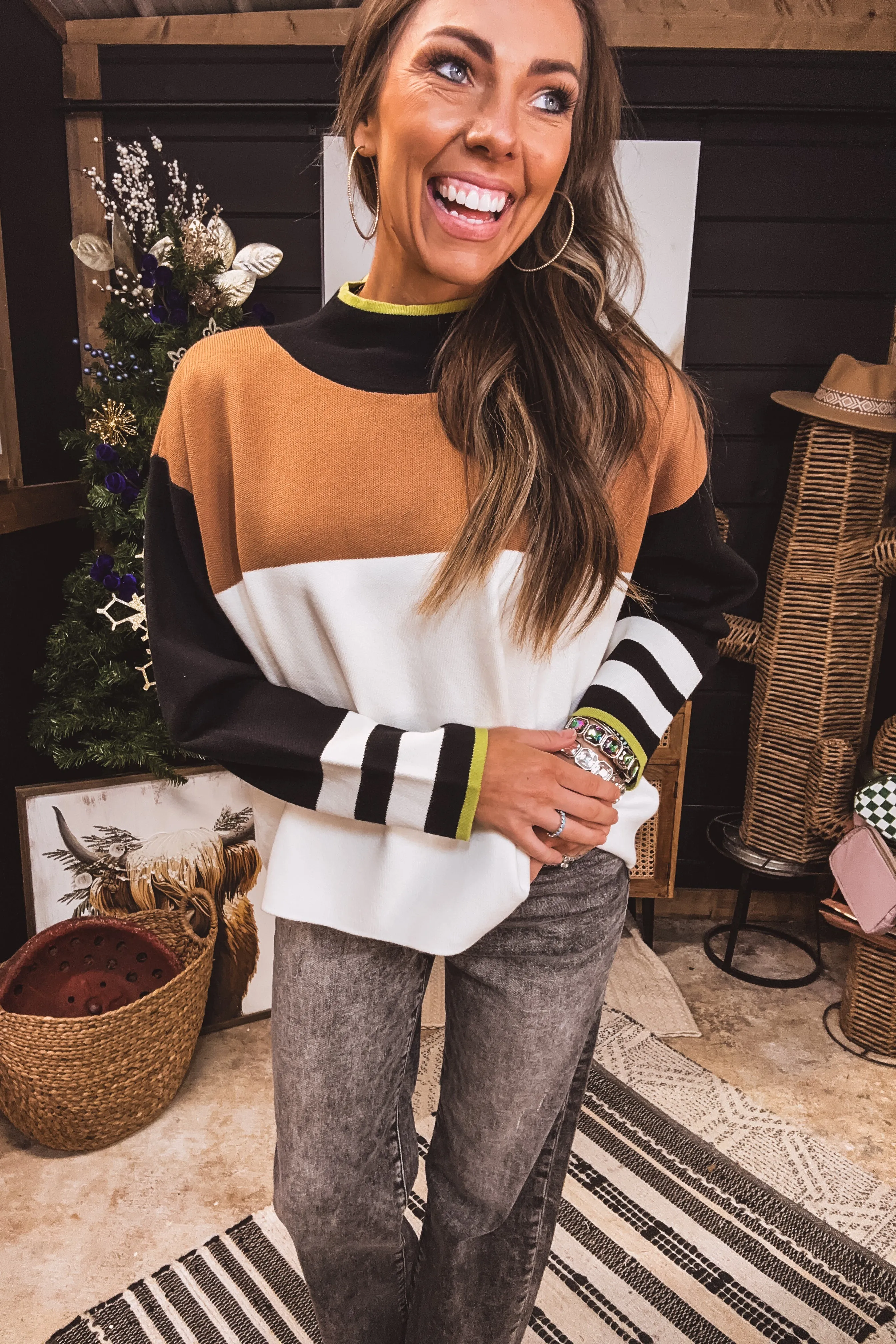 Black Colorblock Stripe Sleeve Sweater Top