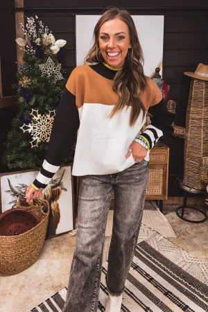 Black Colorblock Stripe Sleeve Sweater Top