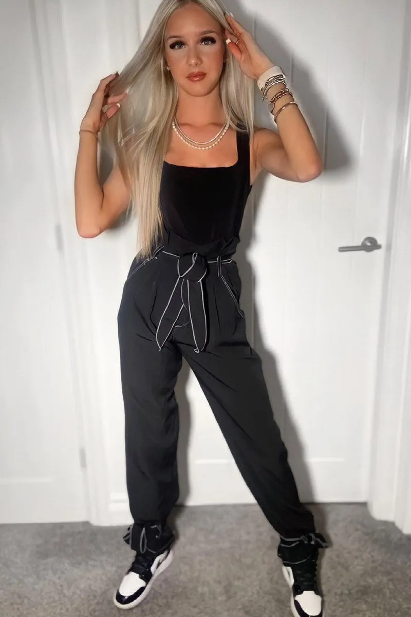 Black Contrast Stitch Ankle Tie Trousers - Neyla