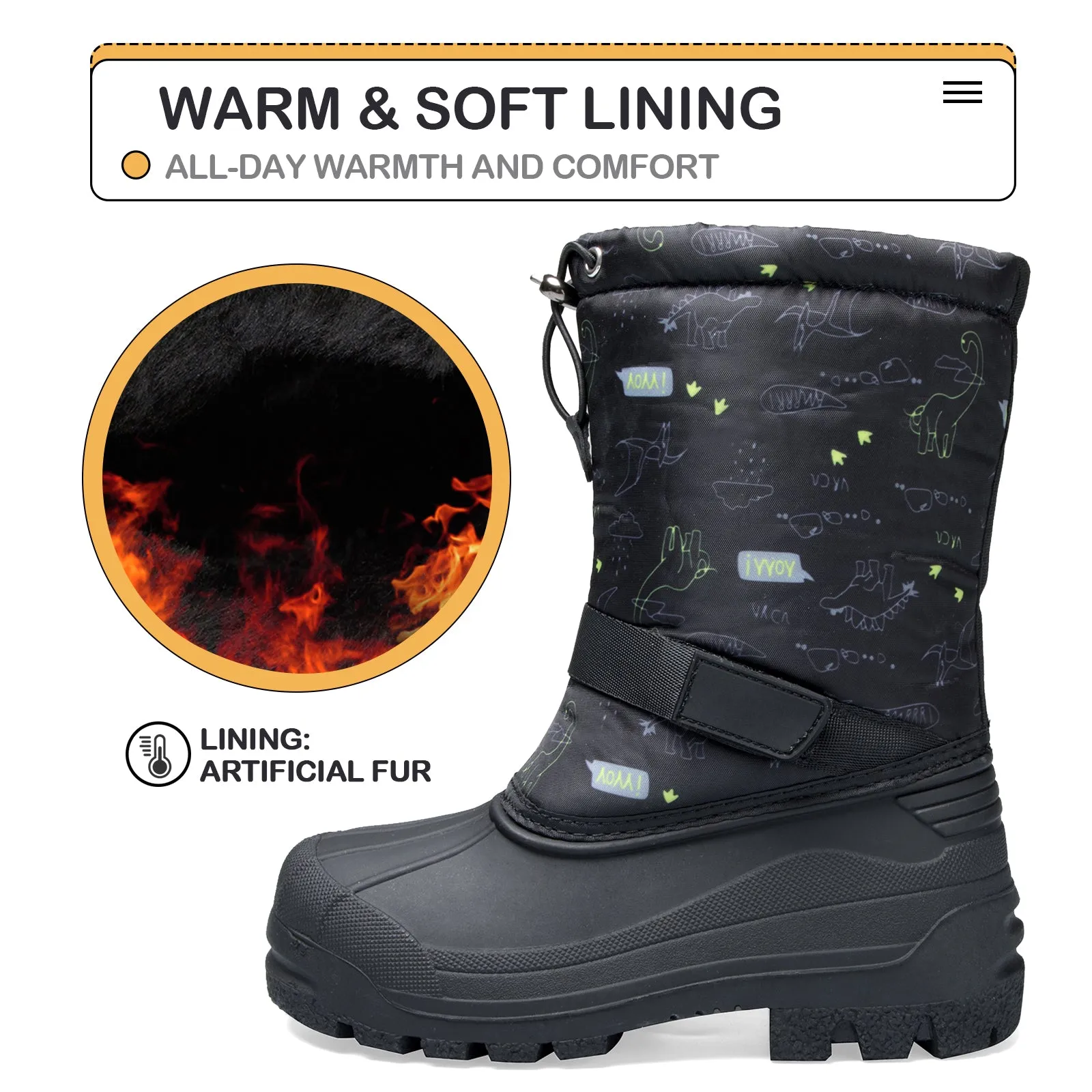 Black Dinosaur Insulated Waterproof Snow Boots