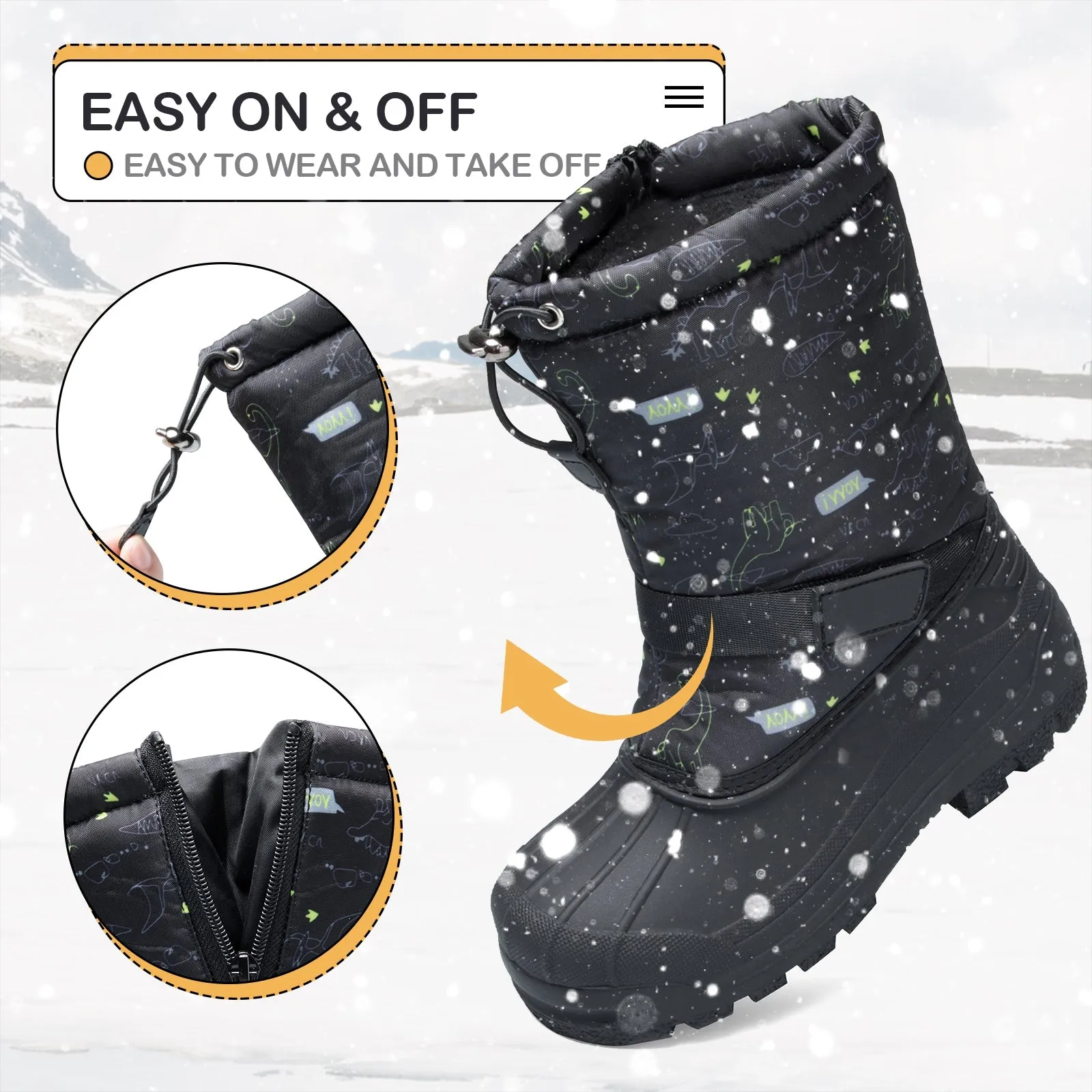 Black Dinosaur Insulated Waterproof Snow Boots