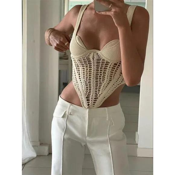 Black Fishbone Crocheted Knitted Corset style Crop Top