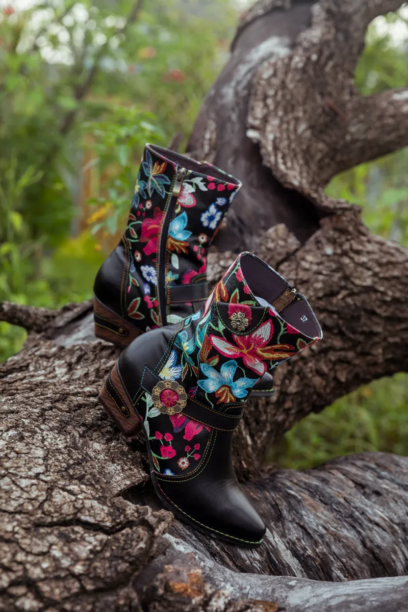Black Floral Patterned Leather Cowgirl Boot
