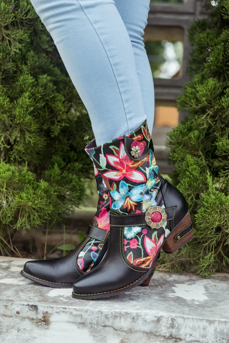 Black Floral Patterned Leather Cowgirl Boot