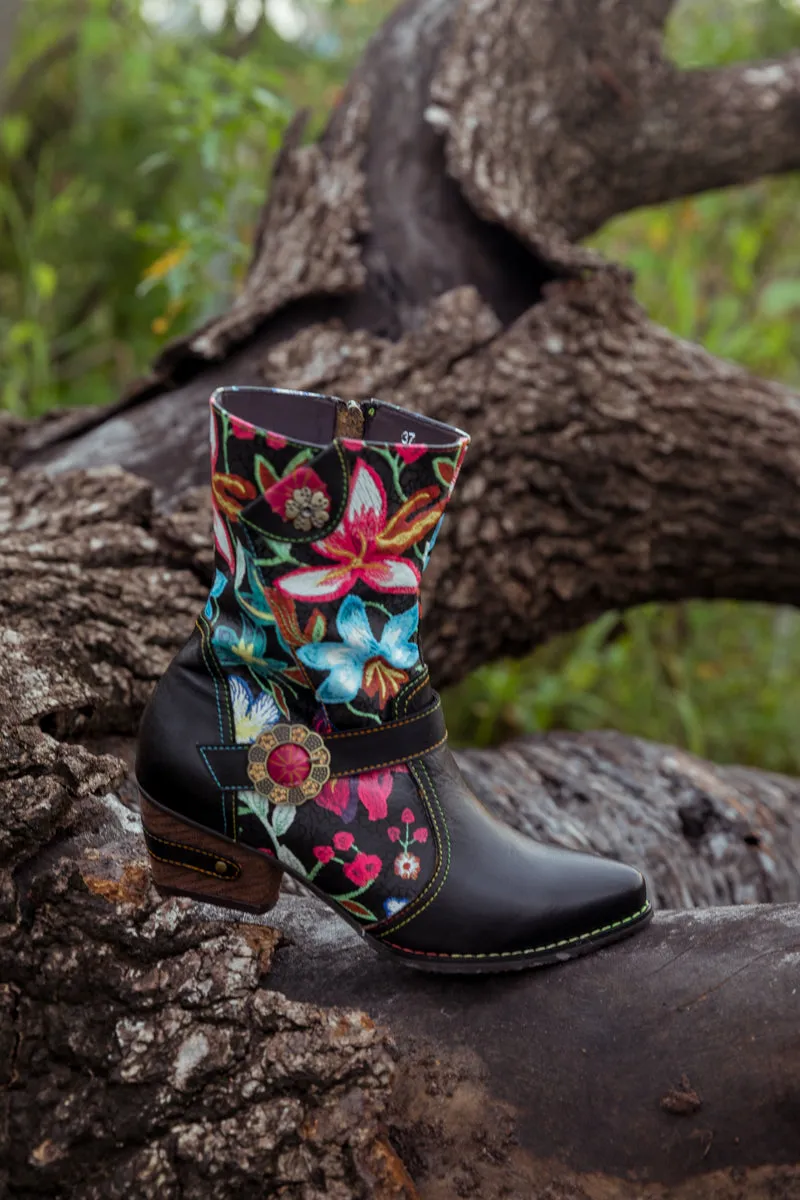 Black Floral Patterned Leather Cowgirl Boot
