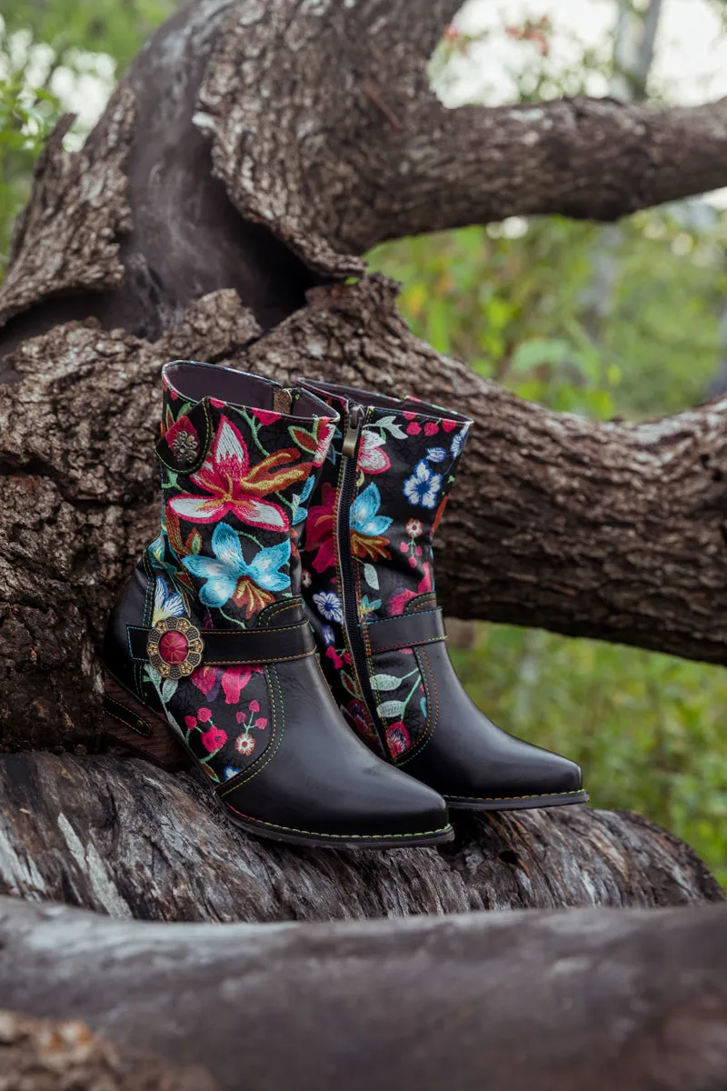 Black Floral Patterned Leather Cowgirl Boot