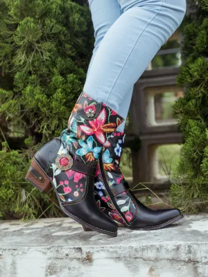 Black Floral Patterned Leather Cowgirl Boot