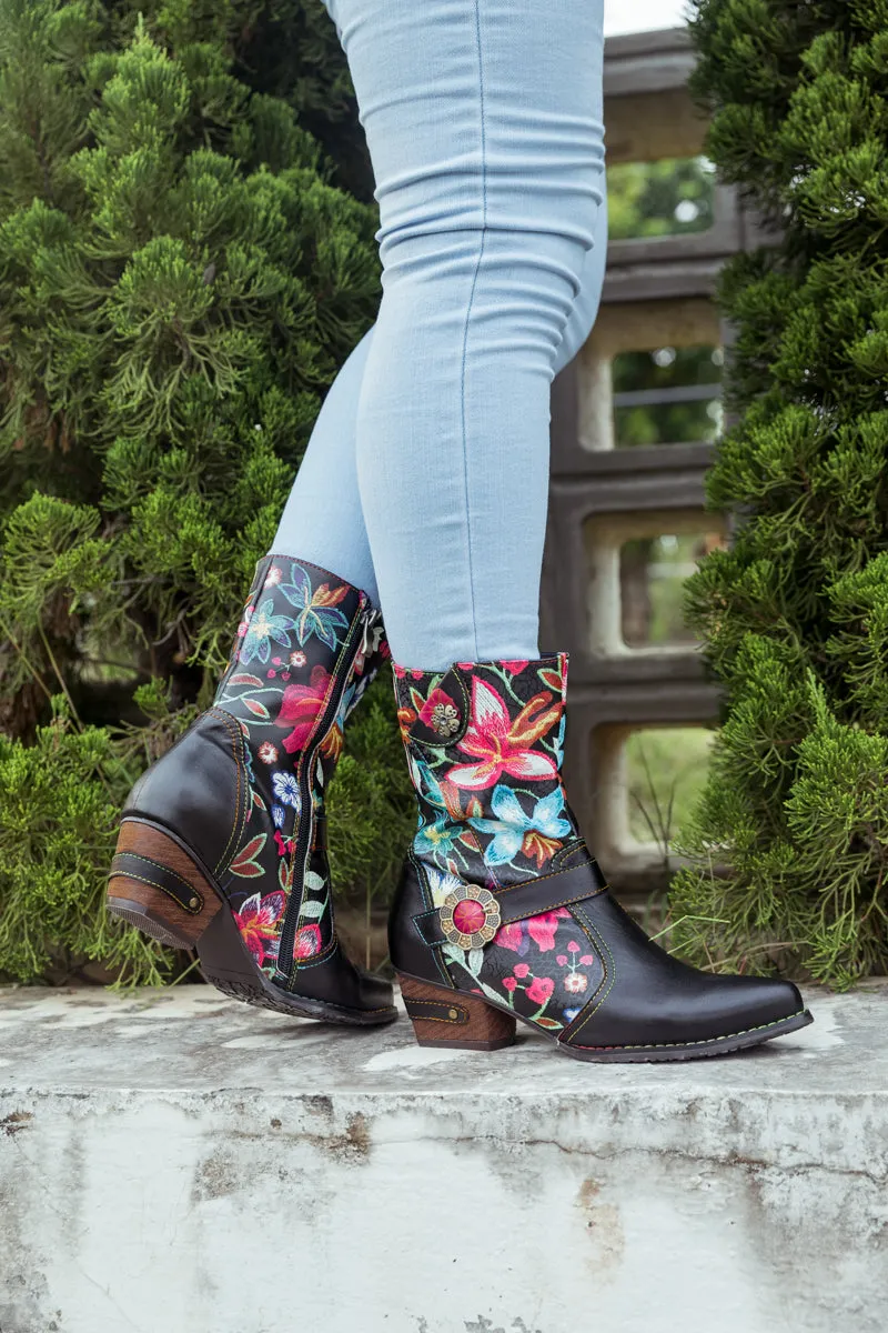 Black Floral Patterned Leather Cowgirl Boot