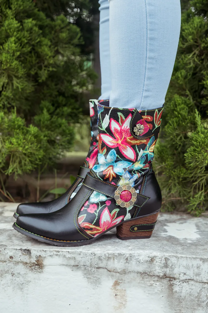 Black Floral Patterned Leather Cowgirl Boot