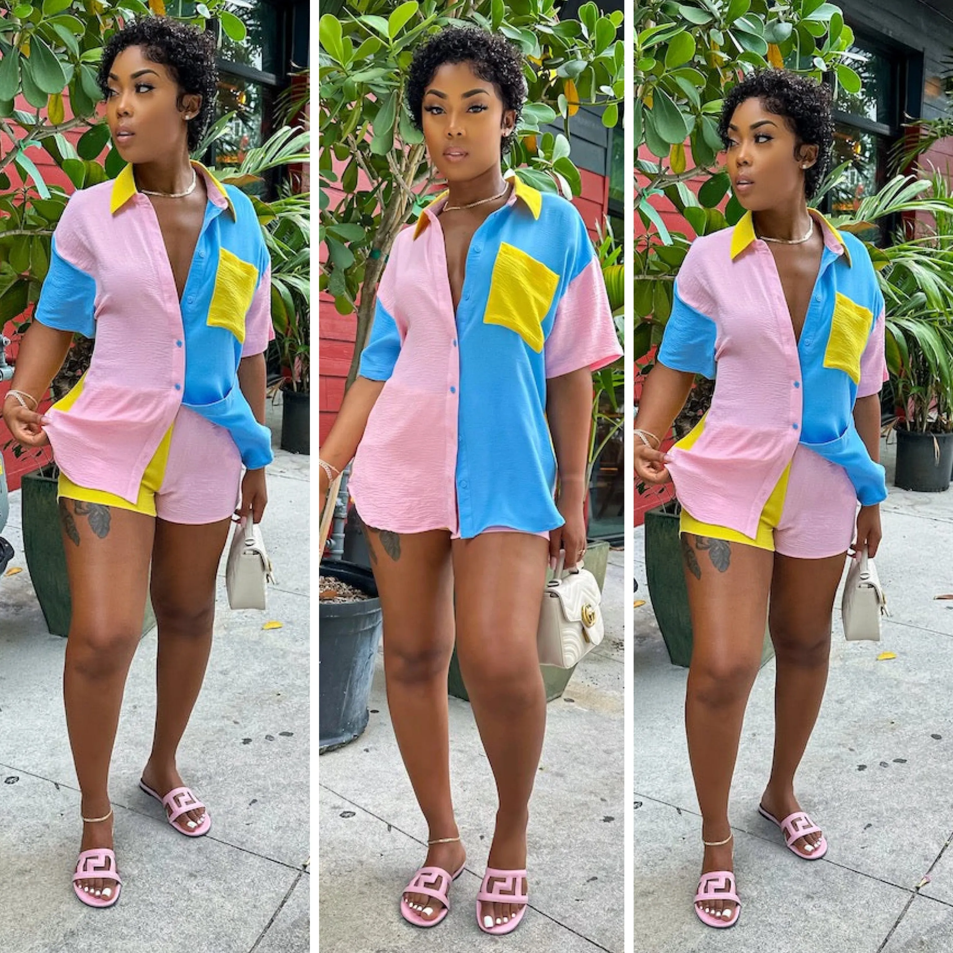 BLOCK PARTY SHORT SET (Pink/Yellow)