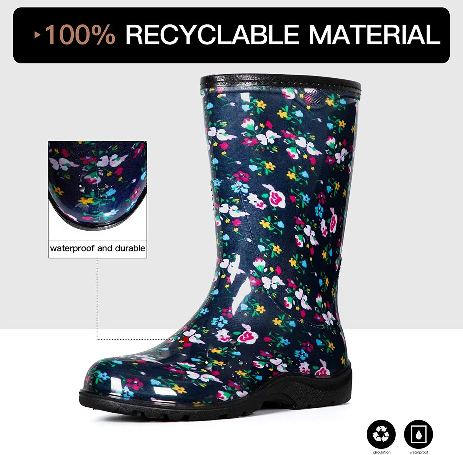 Blue Floral Waterproof Print Mid-Cut Rain Boots