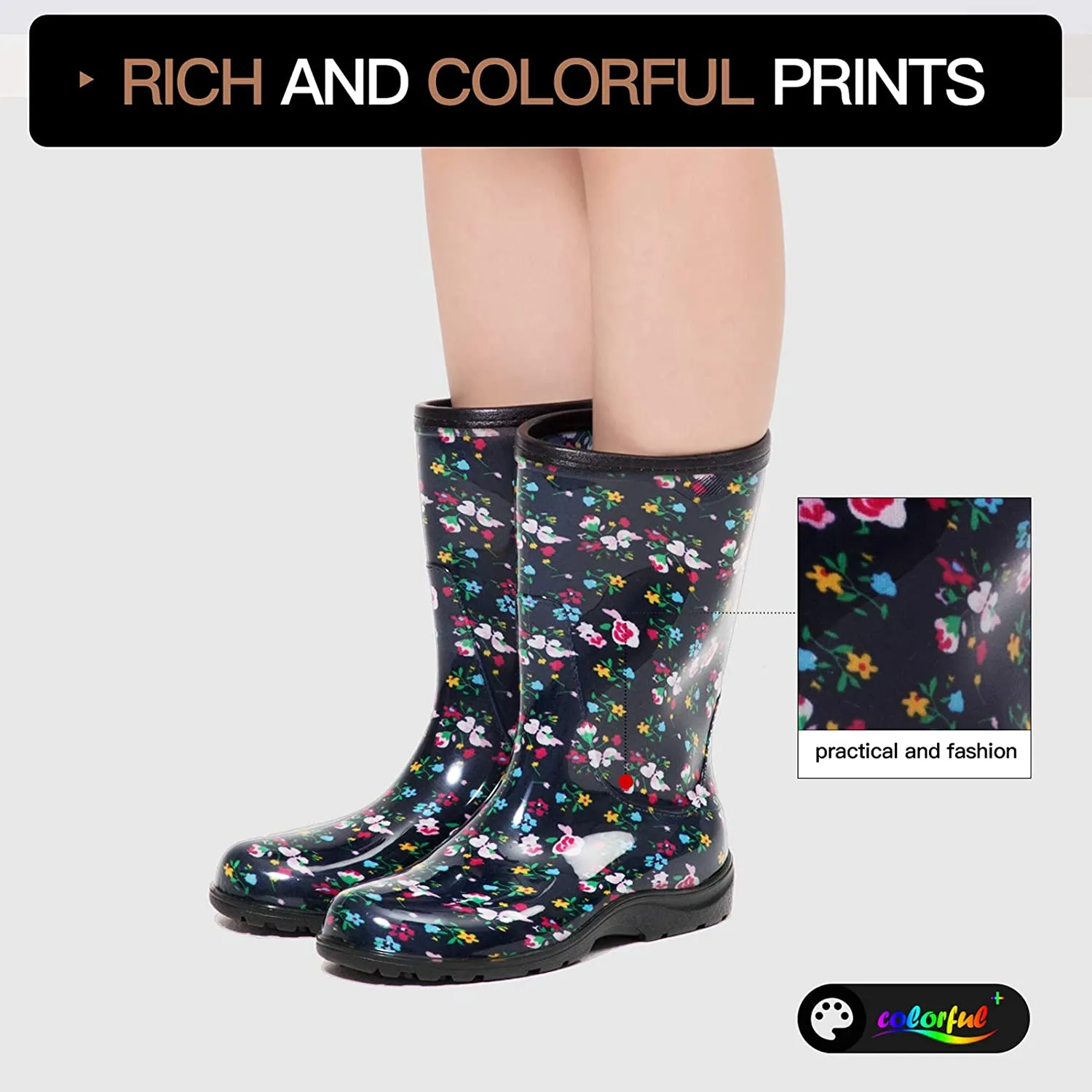 Blue Floral Waterproof Print Mid-Cut Rain Boots