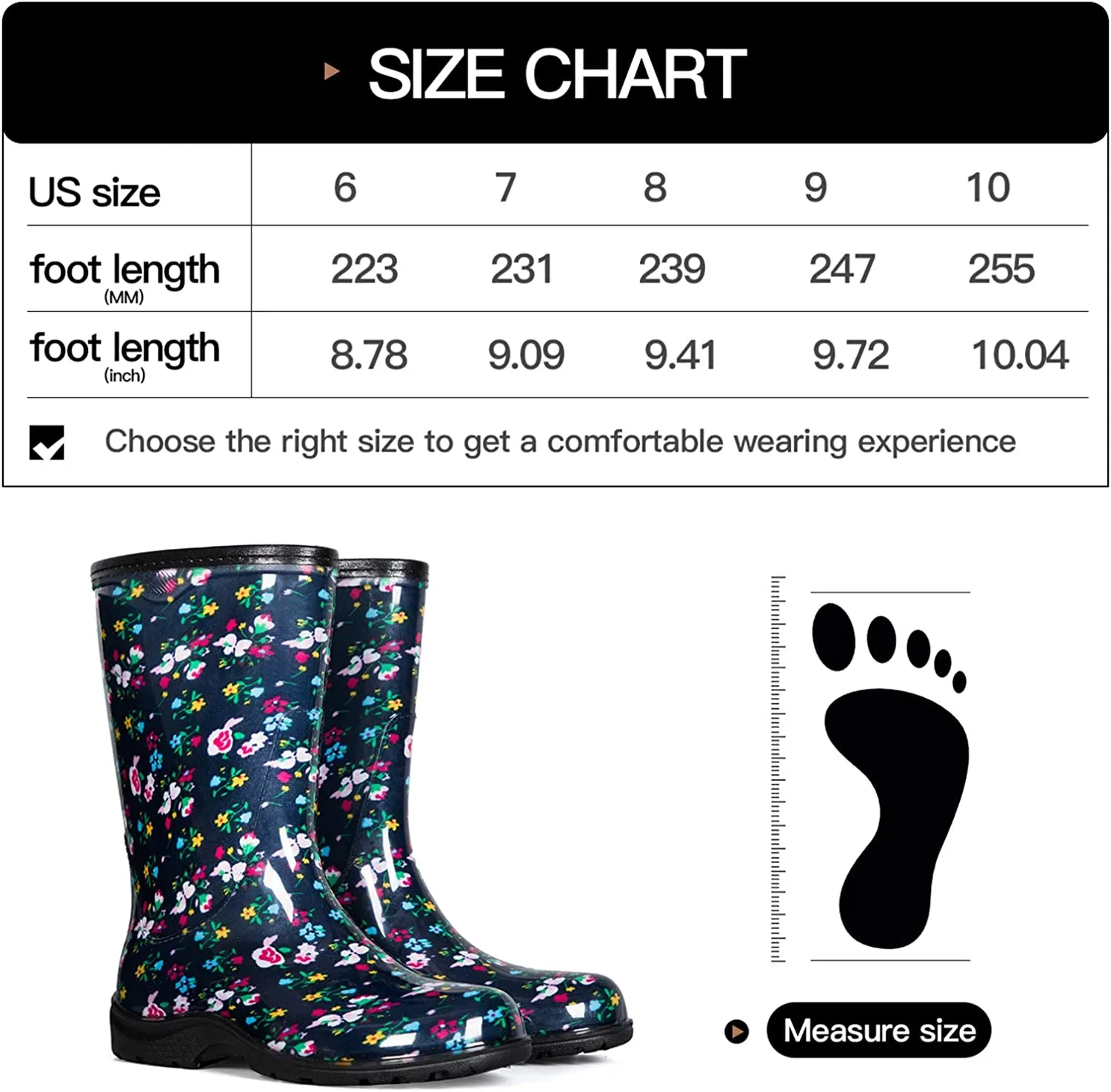 Blue Floral Waterproof Print Mid-Cut Rain Boots