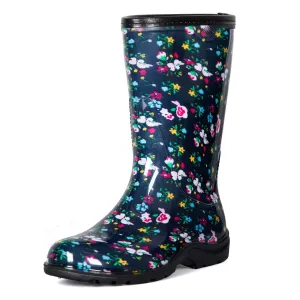 Blue Floral Waterproof Print Mid-Cut Rain Boots