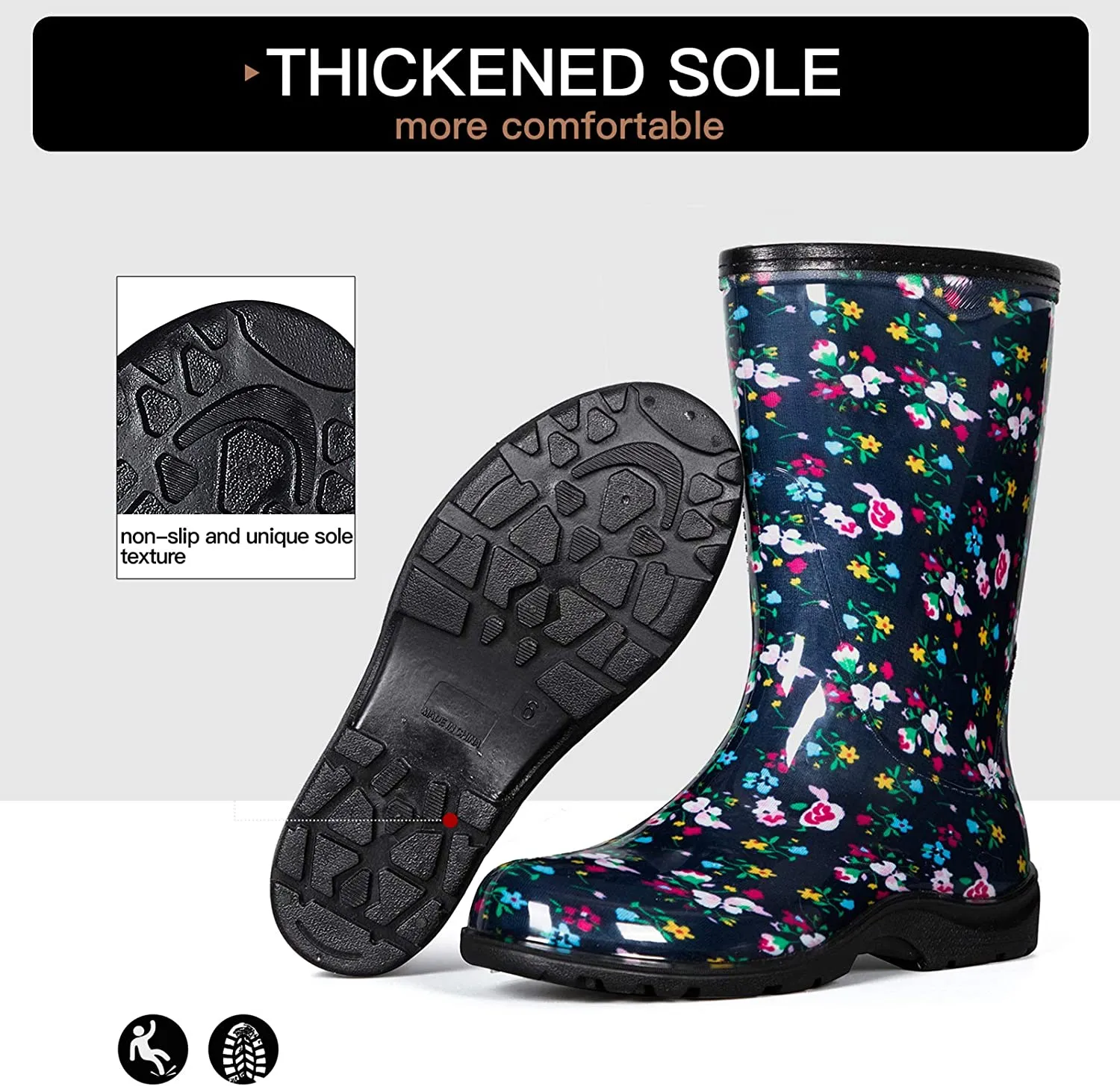 Blue Floral Waterproof Print Mid-Cut Rain Boots