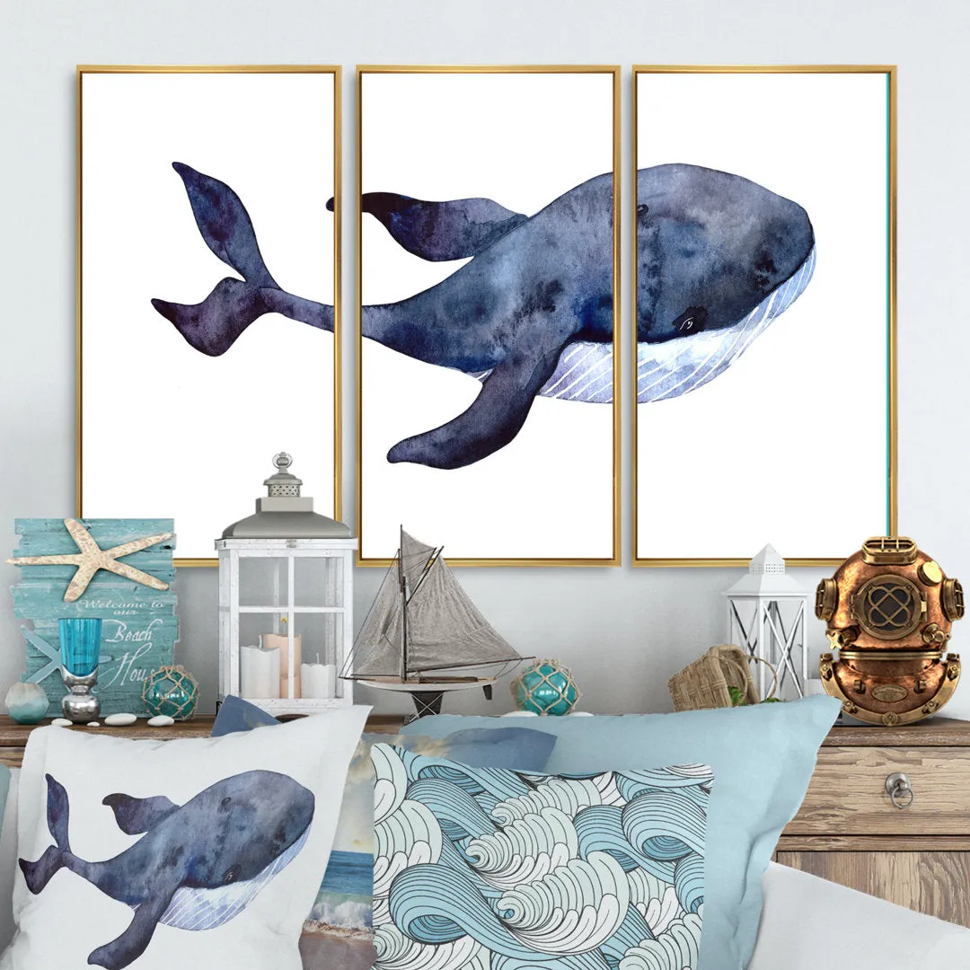 Blue Whale On White IV - Nautical & Coastal Framed Canvas Wall Art Set Of 3 Rosecliff Heights Frame Color: Gold Size: 32" H x 48" W x 1" D