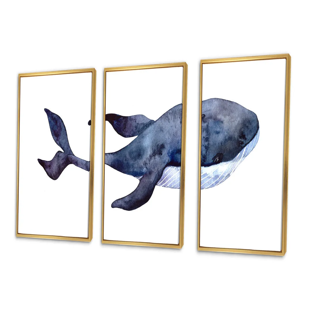Blue Whale On White IV - Nautical & Coastal Framed Canvas Wall Art Set Of 3 Rosecliff Heights Frame Color: Gold Size: 32" H x 48" W x 1" D