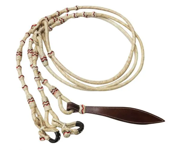 Braided Natural Rawhide Romal Reins with natural stitched Leather Popper