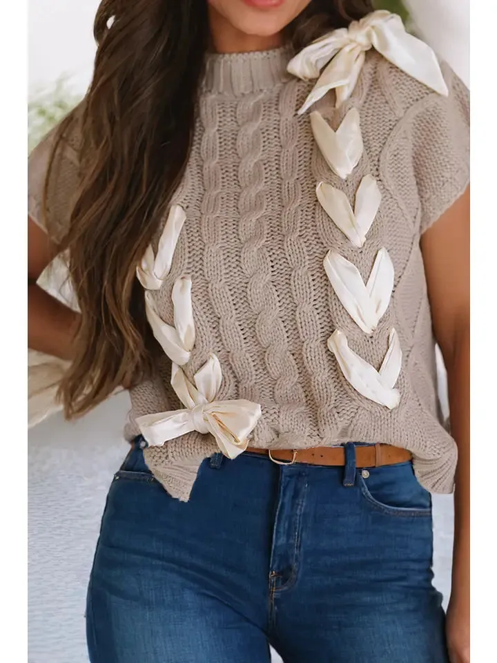 Cable Knit Colorblock Satin Bowknot Short Sleeve Sweater