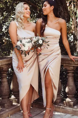 Champagne Satin One Shoulder High Low Bridesmaid Dress